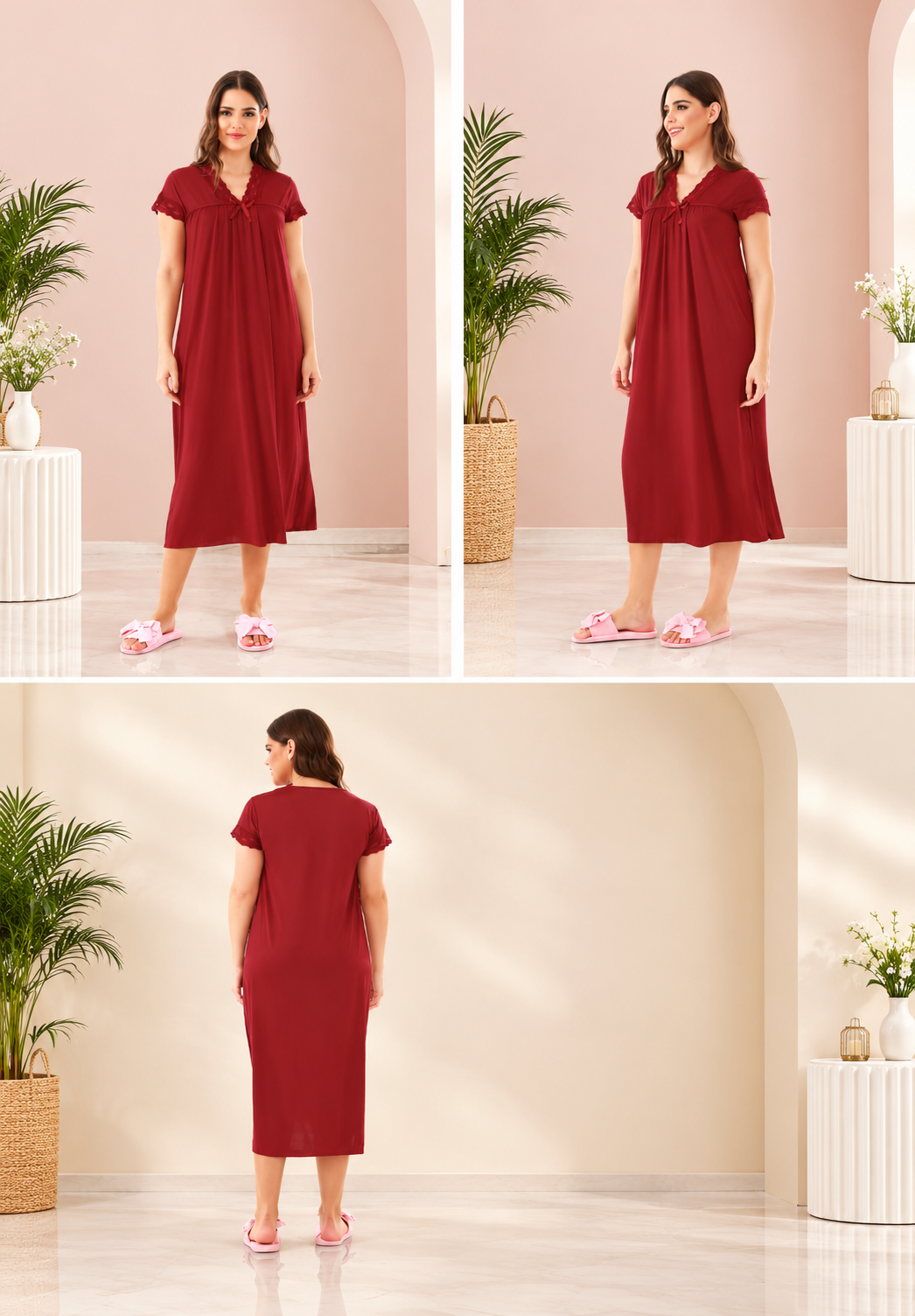 Maroon Lace Detail Maxi Nightgown