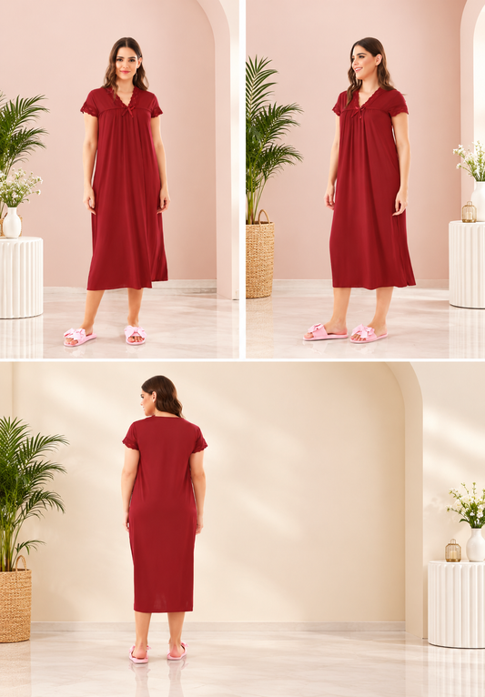 Maroon Lace Detail Maxi Nightgown